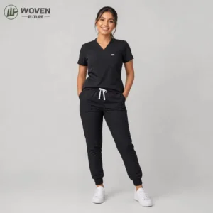 Shaoxing Woven Future Unisex Blue V-Neck Medical Scrub Set with Knit Spandex Jogger Pants Jacket Custom Logo for Hospital Use